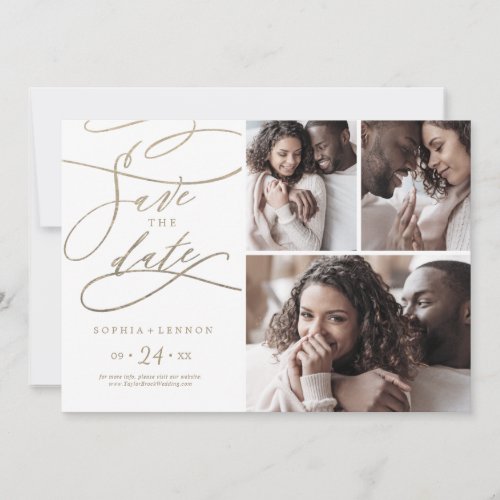 Romantic Gold Calligraphy 3 Photo Collage Save The Date