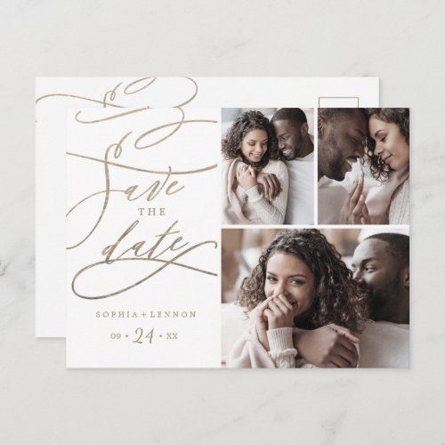 Romantic Gold Calligraphy 3 Photo Save the Date Invitation Postcard