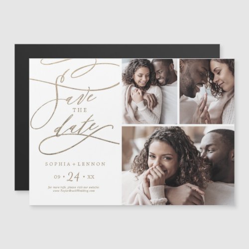 Romantic Gold Calligraphy 3 Photo Save the Date Magnetic Invitation