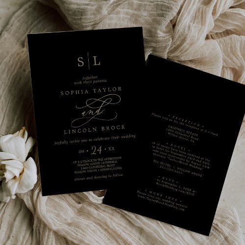 Romantic Gold Calligraphy Black All In One Wedding Invitation