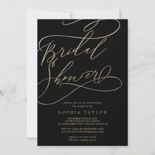 Romantic Gold Calligraphy  Black Bridal Shower Invitation