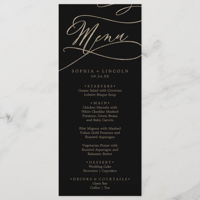 Romantic Gold Calligraphy | Black Dinner Menu (Front)
