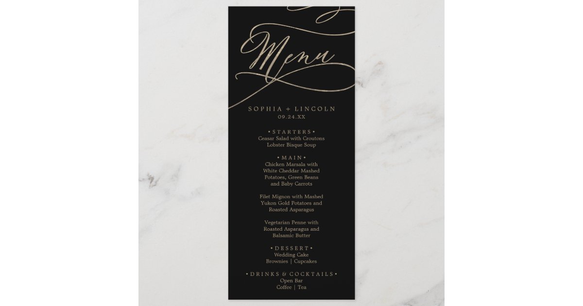 Romantic Gold Calligraphy | Black Dinner Menu | Zazzle