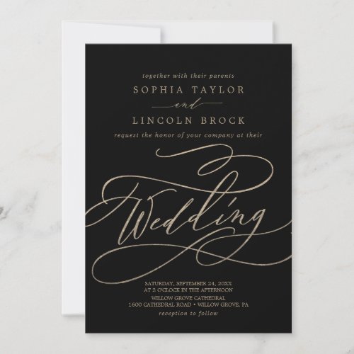 Romantic Gold Calligraphy  Black Flourish Wedding Invitation