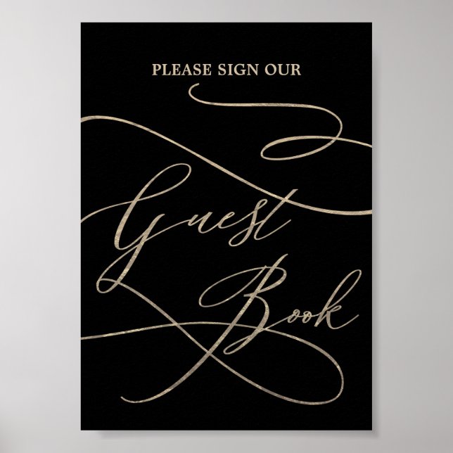 Romantic Gold Calligraphy Black Guest Book Poster (Front)