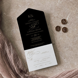Romantic Gold Calligraphy   Black Monogram Wedding All In One Invitation