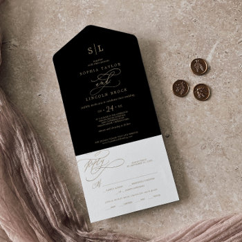 Romantic Gold Calligraphy | Black Monogram Wedding All In One Invitation by FreshAndYummy at Zazzle
