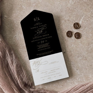 Romantic Gold Calligraphy Black Monogram Wedding All In One Invitation