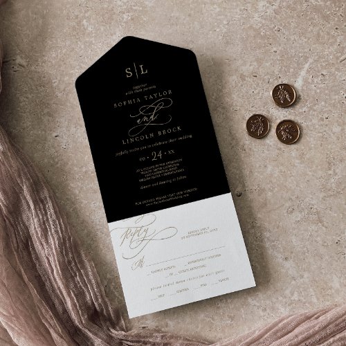 Romantic Gold Calligraphy  Black Monogram Wedding All In One Invitation