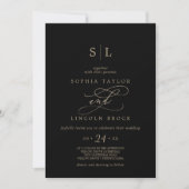 Romantic Gold Calligraphy | Black Monogram Wedding Invitation (Front)