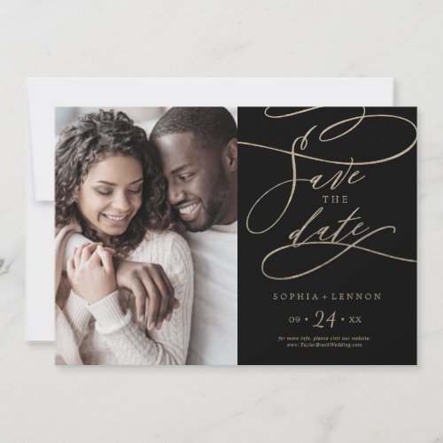 Romantic Gold Calligraphy  Black Photo Save The Date