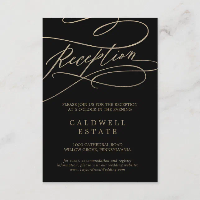 Romantic Gold Calligraphy Black Reception Enclosure Card Zazzle