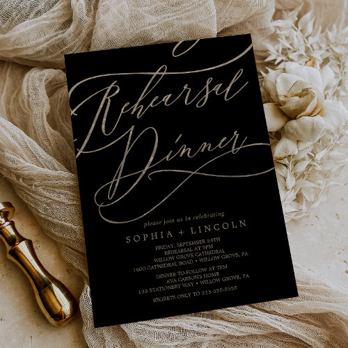Romantic Gold Calligraphy | Black Rehearsal Dinner