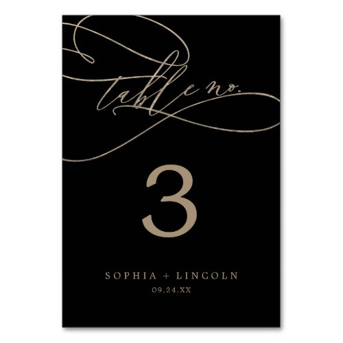 Romantic Gold Calligraphy  Black Table Number