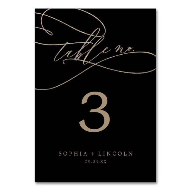 Romantic Gold Calligraphy | Black Table Number (Front)