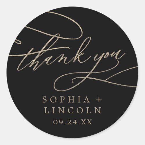 Romantic Gold Calligraphy  Black Thank You Favor Classic Round Sticker