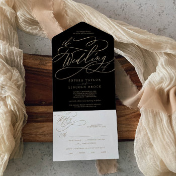 Romantic Gold Calligraphy | Black The Wedding Of A All In One Invitation by FreshAndYummy at Zazzle