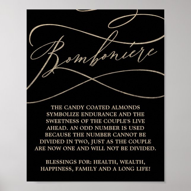 Romantic Gold Calligraphy Black Wedding Bomboniere Poster (Front)