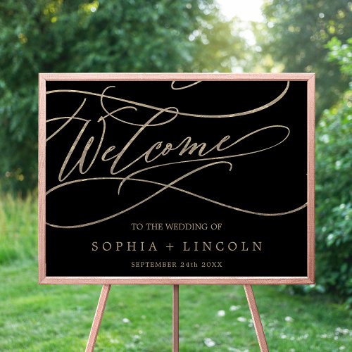Romantic Gold Calligraphy  Black Welcome Wedding Poster