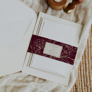 Romantic Gold Calligraphy Burgundy Floral Wedding Invitation Belly Band