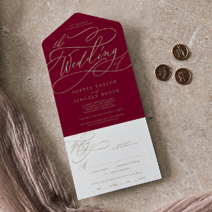 Romantic Gold Calligraphy Burgundy The Wedding Of  All In One Invitation