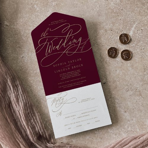 Romantic Gold Calligraphy Burgundy The Wedding Of  All In One Invitation