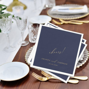 Romantic Gold Calligraphy "Cheers" Navy Blue  Napkins