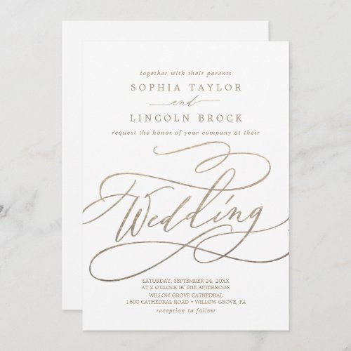 Romantic Gold Calligraphy Details on Back Wedding Invitation