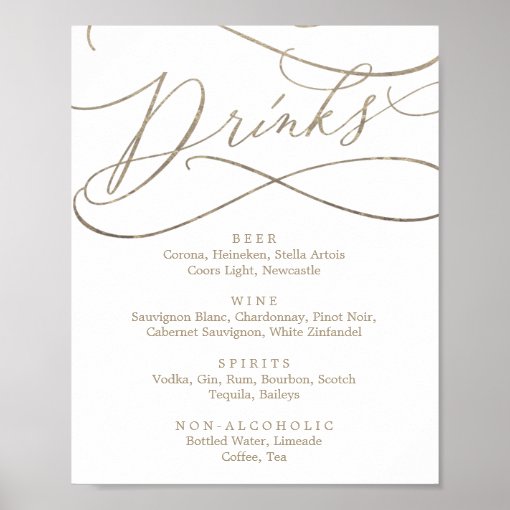 Romantic Gold Calligraphy Drink Menu Sign | Zazzle