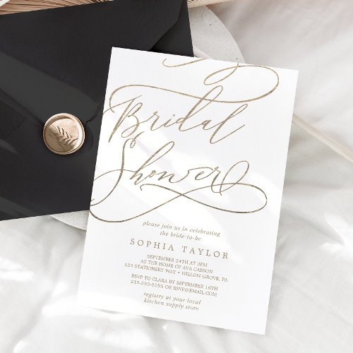 Romantic Gold Calligraphy  Flourish Bridal Shower Invitation