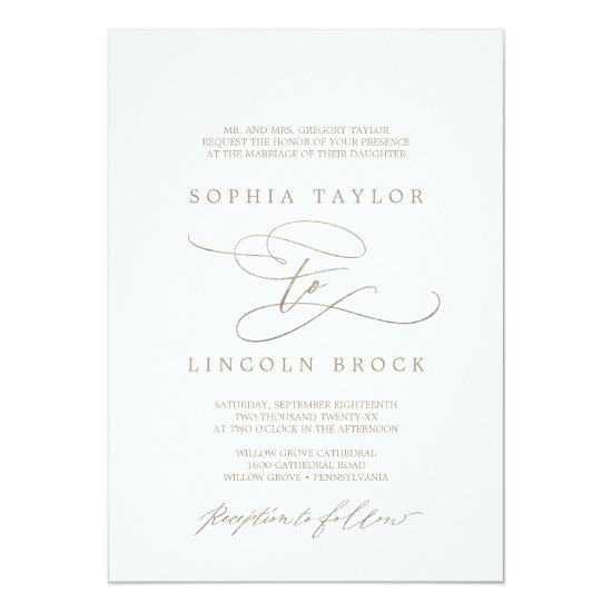 Romantic Gold Calligraphy Flourish Formal Wedding Invitation