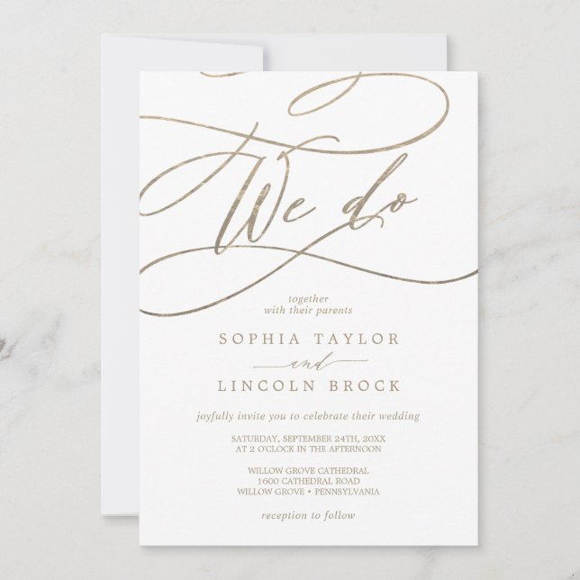 Romantic Gold Calligraphy | Flourish We Do Wedding Invitation (Front)