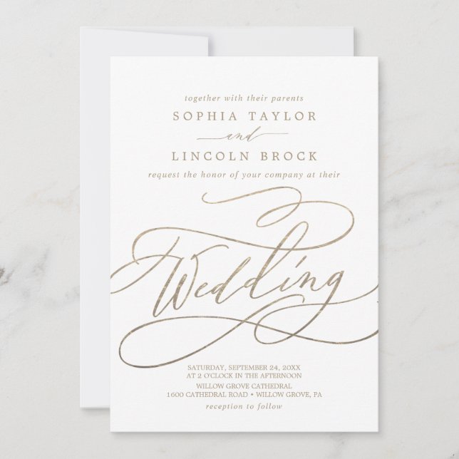 Romantic Gold Calligraphy | Flourish Wedding Invitation (Front)