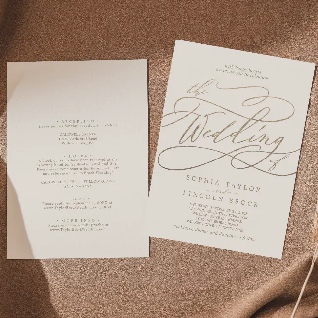 Romantic Gold Calligraphy Ivory All In One Wedding Invitation | Zazzle