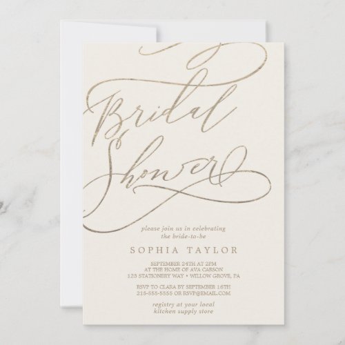 Romantic Gold Calligraphy  Ivory Bridal Shower Invitation