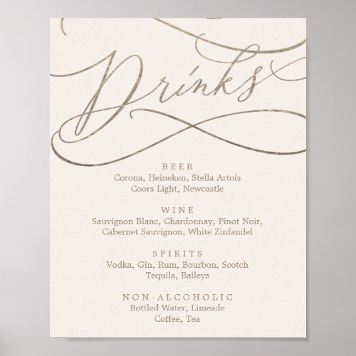 Romantic Gold Calligraphy  Ivory Drink Menu Sign