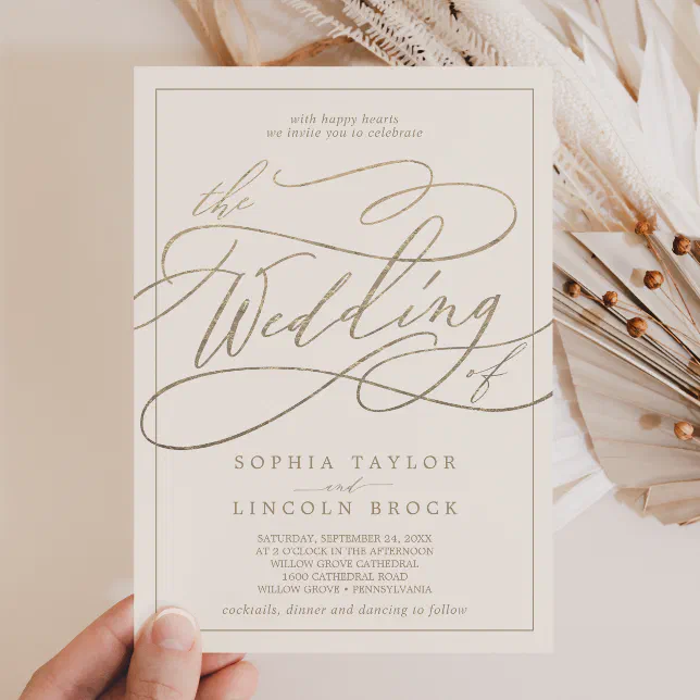 Romantic Gold Calligraphy | Ivory Frame Wedding Invitation | Zazzle