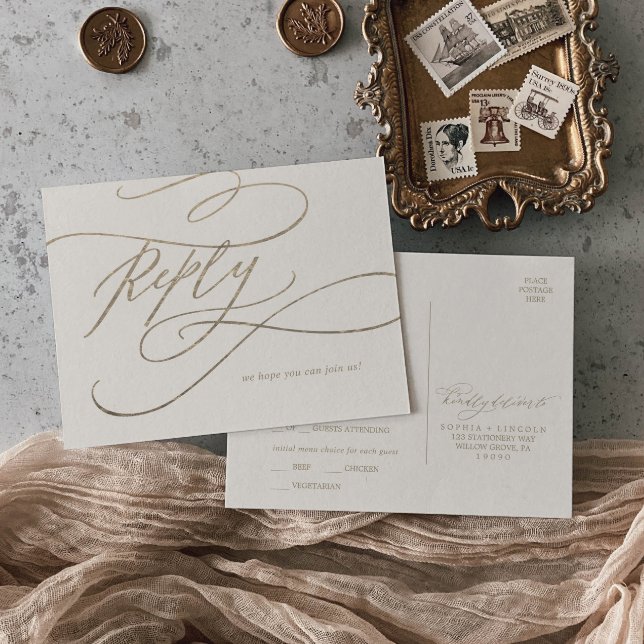 Romantic Gold Calligraphy | Ivory Menu Choice RSVP (Creator Uploaded)