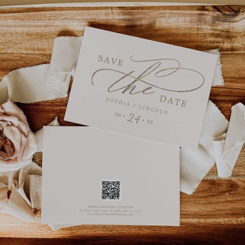 Romantic Gold Calligraphy Ivory QR Code Horizontal Save The Date