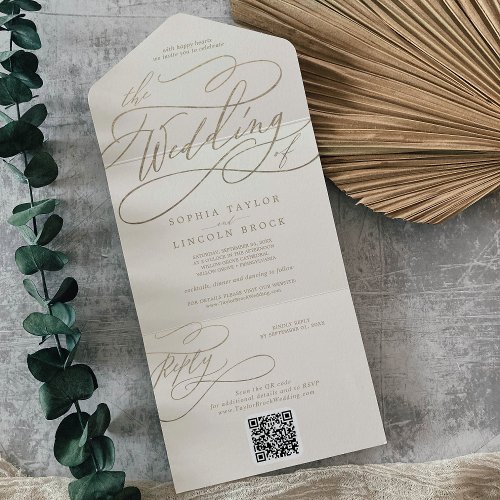 Romantic Gold Calligraphy  Ivory QR Code Wedding All In One Invitation