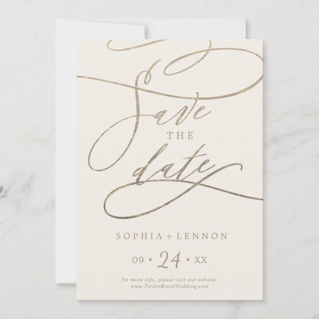 Romantic Gold Calligraphy | Ivory Save The Date (Front)