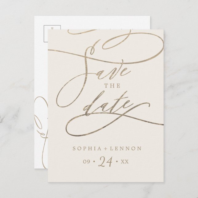 Romantic Gold Calligraphy | Ivory Save the Date Invitation Postcard (Front/Back)