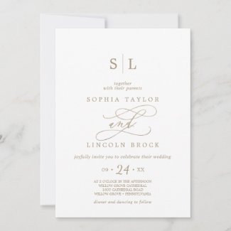Classy White and Gold Foil Wedding Invitations with Calligraphy Monogram