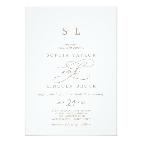 Romantic Gold Calligraphy Monogram Wedding Invitation