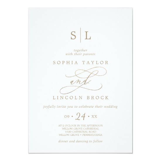 Romantic Gold Calligraphy Monogram Wedding Invitation