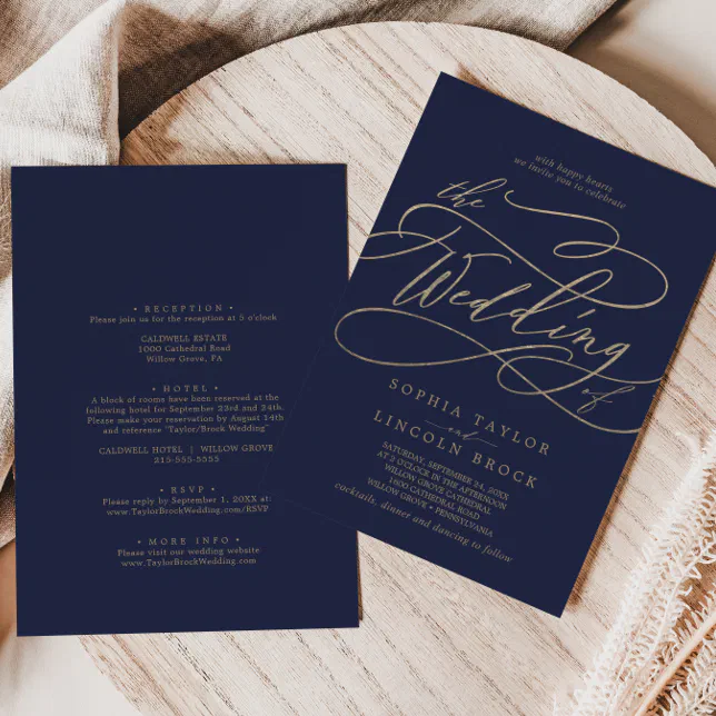 Romantic Gold Calligraphy Navy All In One Wedding Invitation | Zazzle