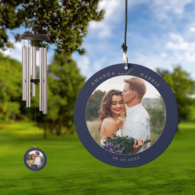 Romantic Gold Calligraphy Navy Blue Photo Wedding Wind Chime (Outdoor)
