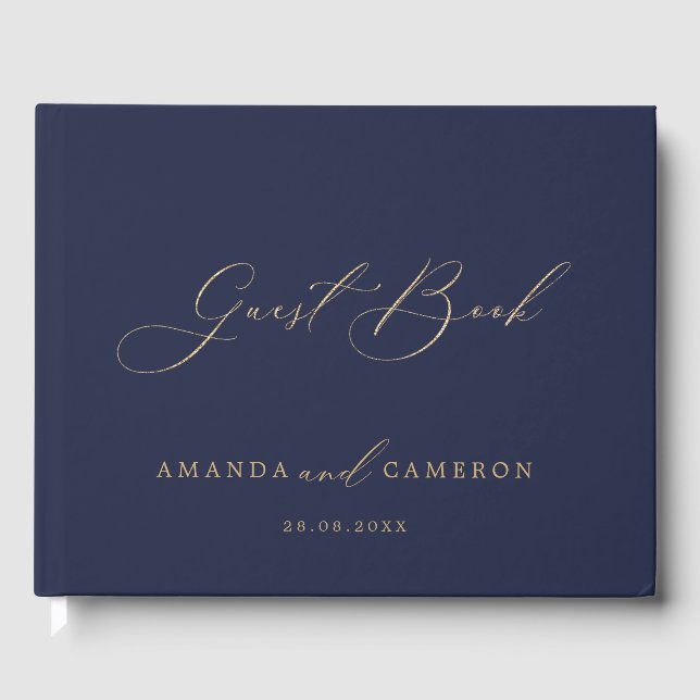 Romantic Gold Calligraphy Navy Blue Wedding Guest Book (Front)