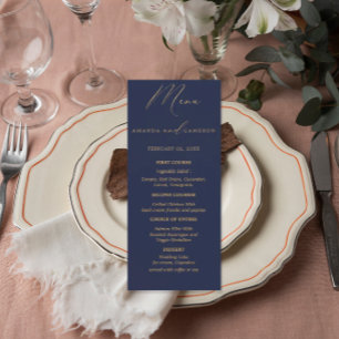 Romantic Gold Calligraphy Navy Blue Wedding Menu