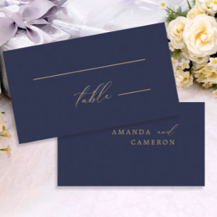 Romantic Gold Calligraphy Navy Blue Wedding Place Card